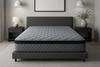 Grey ultra firm mattress on a bed in a bedroom setting with nightstands and decor.