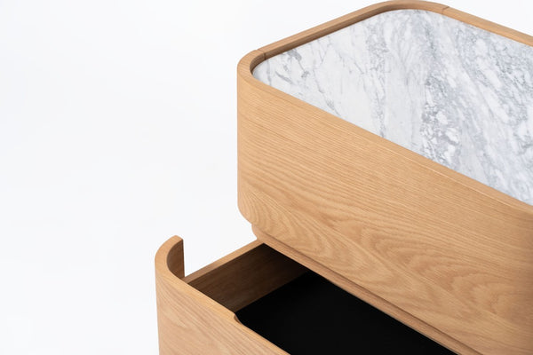 Adoni 2 Drawer Bedside Table | American Oak | Cararra Mable Top