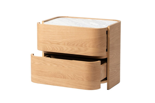 Adoni 2 Drawer Bedside Table | American Oak | Cararra Mable Top
