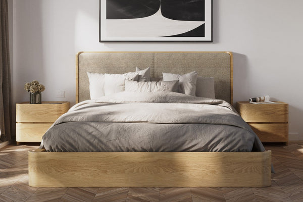 Adoni Bed Frame from Best in Beds: premium American Oak and Fawn fabric. Soft-close runners, minimal design, luxurious comfort for a sophisticated bedroom