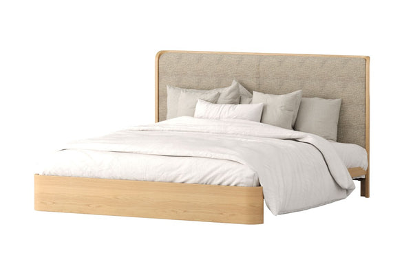 Adoni Bed Frame from Best in Beds: premium American Oak and Fawn fabric. Soft-close runners, minimal design, luxurious comfort for a sophisticated bedroom