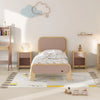 Children's bedroom with a pink and wooden bed, nightstands, and toys.