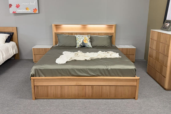 Ashton Messmate Timber Bed with USB Ports & Storage | Queen & KingElevate your bedroom with the Ashton Bed. Crafted from premium Messmate Timber, featuring LED lights, USB ports, and storage. Available in Queen and King sizes.