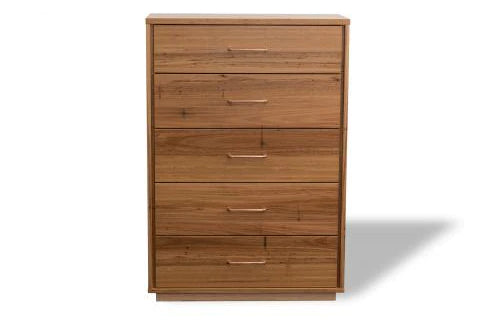 Australian-made Bridgeman Tallboy Chest. Crafted from Ash Hardwood with a Blackbutt veneer finish, this bedroom suite marries style and elegance. Available in different timber colours, Bridgeman guarantees an unforgettable sleep experience.