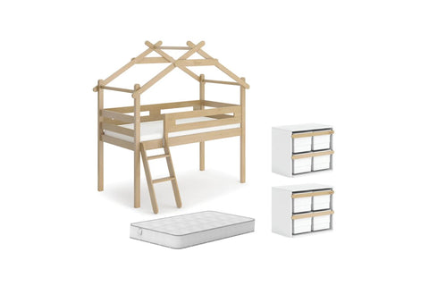 This fun kids loft bed package deal features the best selling Boori Forest Teepee Loft Bed and compatible Boori Pocket Spring Single Bed Mattress, along with 2 x Tidy Toy Cabinets. Blueberry and Cherry colour options also include a compatible canopy for the bed. Priced at 20% off RRP. Reminiscent of a treehouse..