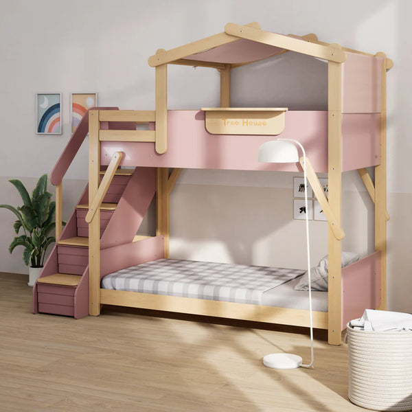 Treehouse King Single Bunk with Roof Frame and Storage Staircase