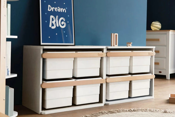 2 x the Boori Kids Tidy Toy Cabinet - Pictured in the Barley White & Almond Colour