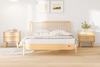 Add a touch of contemporary elegance to your bedroom with Boori's solid timber bed frame, meticulously crafted from high-quality sustainably sourced beech wood. The sleek design features pointed feet and a refined spindle headboard, making it a stylish statement piece. It is available in both King and Queen sizes,