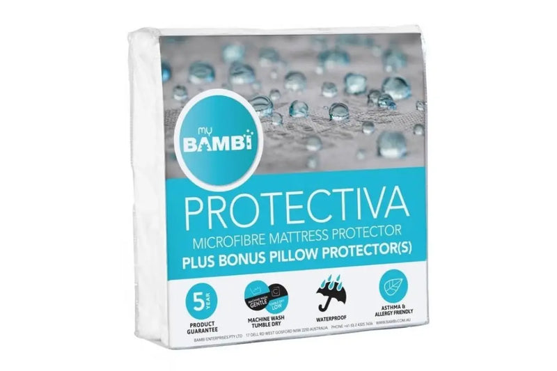 The Protectiva Microfibre Mattress Protector is a versatile and great value bedding pack suitable for all ages. Made of microfibre, it features an elasticised fitted skirt that stretches up to 55cm, ensuring a snug fit. This product is treated to be allergy and asthma friendly and comes with bonus pillow protectors