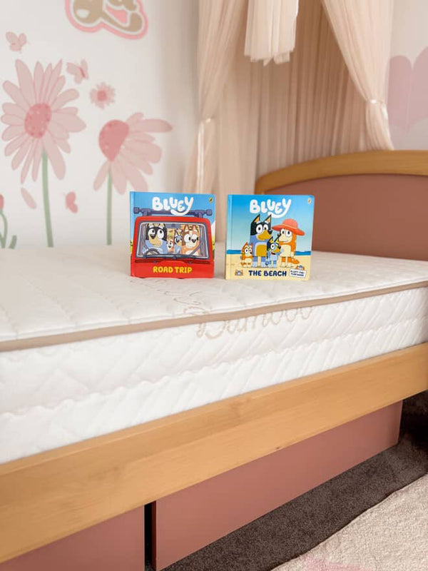 Eco Kids Mattress pictured on a Cherry and Almond coloured Boori Bronte Bed frame