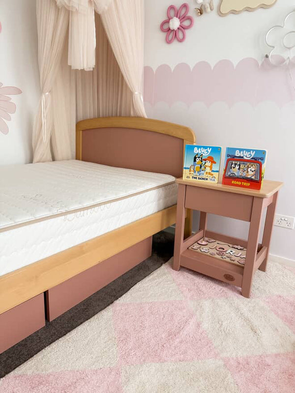 Eco Kids Mattress pictured on a Cherry and Almond coloured Boori Bronte Bed frame