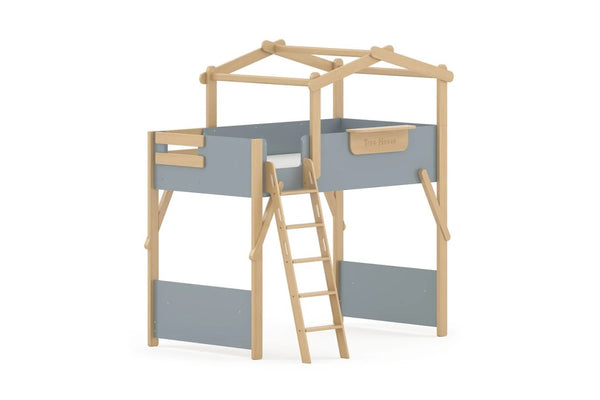 Boori Kids Treehouse King Single Loft with Roof Frame and Ladder - Blueberry Blue & Beech Colour