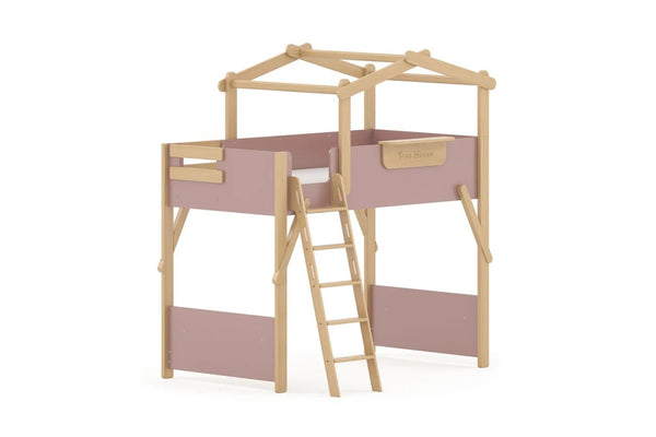 Treehouse King Single Loft with Roof Frame and Ladder - Cherry Pink & Beech Colour