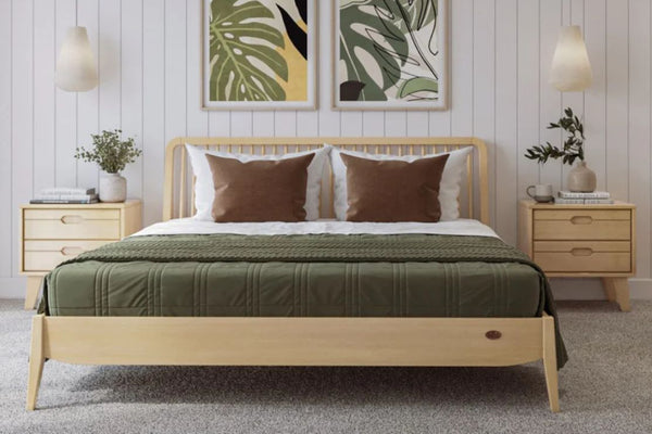 Add a touch of contemporary elegance to your bedroom with Boori's solid timber bed frame, meticulously crafted from high-quality sustainably sourced beech wood. The sleek design features pointed feet and a refined spindle headboard, making it a stylish statement piece. It is available in both King and Queen sizes,