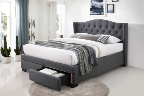 Dallas Winged Bed Frame - This elegant upholstered bed frame is available in Dark Grey or Pearl Grey and comes with the option of 2 end drawers at the foot of the bed. Also available as a Standard Bed Frame without the wings on the bedhead