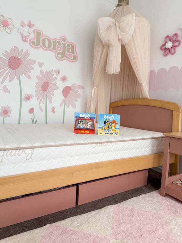 Eco Kids Mattress pictured on a Cherry and Almond coloured Boori Bronte Bed frame