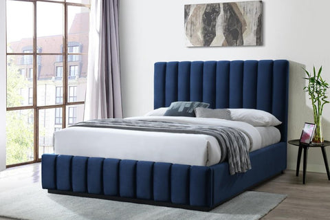 Eloise Bed Frame; Pictured Colour: Plush Indigo Blue with Black timber base. Double, Queen or King size bed frame. Complete the look with bedside tables, tallboy chests, dressing tables available in different collections. Visit us instore or 1300 399 676 Upholsted Fabric Bed