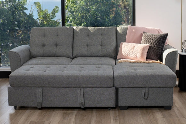 Fabric Storage Sofa Bed - Premium 2 Seater Sofa Bed with Reversible Storage Chaise in Grey
