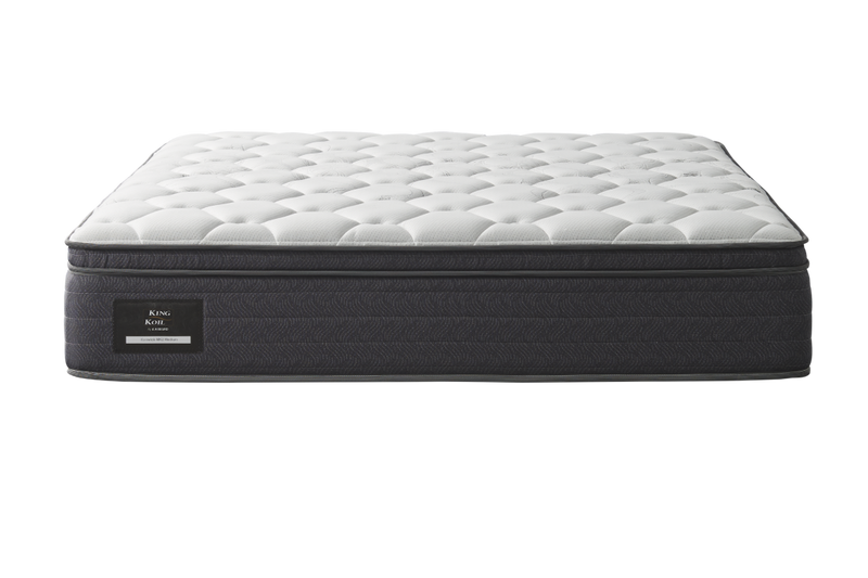 King Koil Medium Kenwick Pillow top Mattress with white top quilting and a grey border fabric
