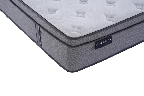 Grey mattress with 'Morrison' branding on a white background