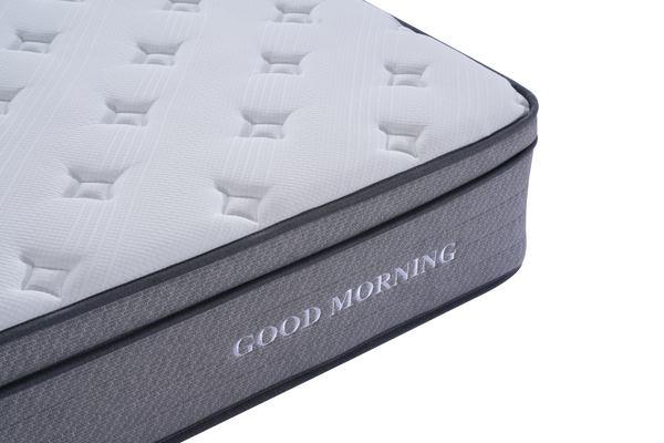 Mattress with 'Good Morning' branding on a white background