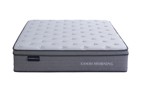 Grey mattress with 'Good Morning' branding on a white background