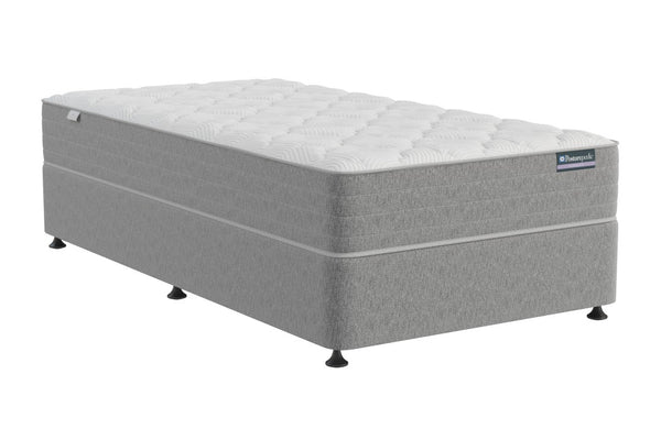 Grey Sealy Posturepedic Singles Europa v2025 mattress and base ensemble on a white background