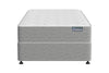 Grey Sealy Posturepedic Singles Europa v2025 mattress and base ensemble on a white background