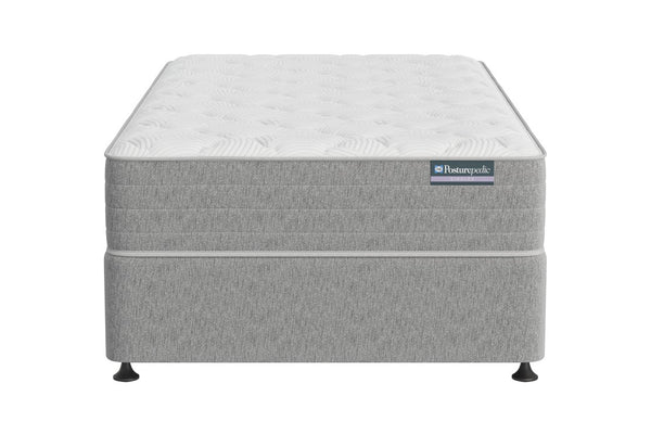 Grey Sealy Posturepedic Singles Europa v2025 mattress and base ensemble on a white background