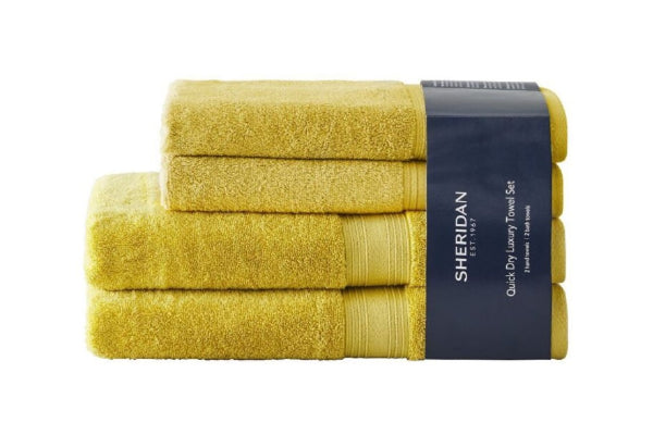 Chartreuse colour pictured - These Sheridan Quick Dry Luxury Towel 4 Piece Sets give the perfect finishing touch to any bathroom.Crafted with Nanospun® technology and ultra-fine cotton yarns, this 4 Piece Gift Set offers a soft hand feel and fast drying capability. Each set includes 2 x Sheridan Bath Towels and 2 x Sheridan Hand Towels for maximum comfort and style.