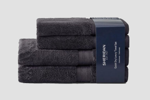 Graphite colour pictured - These Sheridan Quick Dry Luxury Towel 4 Piece Sets give the perfect finishing touch to any bathroom.  Crafted with Nanospun® technology and ultra-fine cotton yarns, this 4 Piece Gift Set offers a soft hand feel and fast drying capability. Each set includes 2 x Sheridan Bath Towels and 2 x Sheridan Hand Towels for maximum comfort and style.