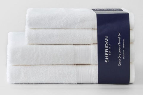 White colour pictured - These Sheridan Quick Dry Luxury Towel 4 Piece Sets give the perfect finishing touch to any bathroom.  Crafted with Nanospun® technology and ultra-fine cotton yarns, this 4 Piece Gift Set offers a soft hand feel and fast drying capability. Each set includes 2 x Sheridan Bath Towels and 2 x Sheridan Hand Towels for maximum comfort and style.