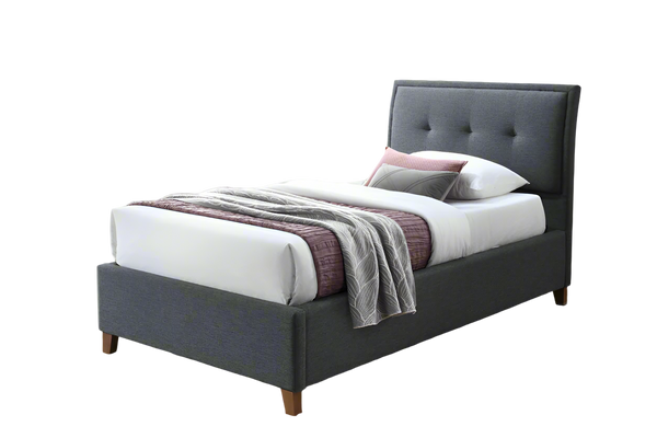 Dark Grey king single size upholstered fabric bed with white bedding and a gray throw