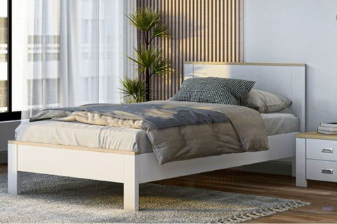Bring coastal vibes to any room. Featuring a versatile, minimalist frame with a warm white & light oak tone, this rectangular bedhead creates a perfect coastal touch. Constructed with robust plywood slats & a metal support bar to ensure structural integrity, the Beatrice Bed Frame offers durability & style. Matching fu
