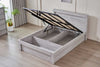 Belleville Queen front slat gas lift bed in Cement Grey showing the open under-bed storage area