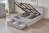 Belleville Queen front slat gas lift bed and end drawer in Cement Grey showing both storage areas open