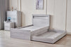 Belleville King Single bed in Cement Grey with the enclosed trundle open for bedding storage