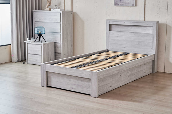 Belleville King Single front gas lift bed in Cement Grey with the under-bed storage open