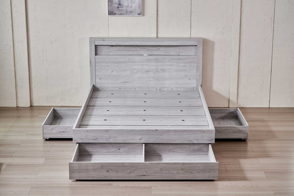 Front view of Belleville Queen bed frame with one foot-end drawer and two side drawers open