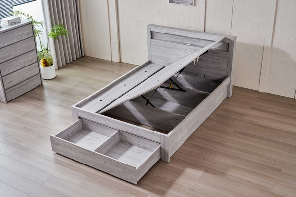 Belleville Queen side gas lift bed and end drawer in Cement Grey showing open under-bed storage