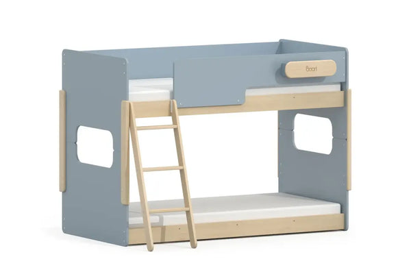 Boori Neat Single Bunk Bed in Blueberry and Natural pine - 140cm low-line kids bunk with left or right ladder, splits into two singles.