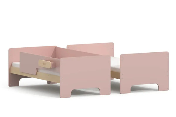 Boori Neat Single Bunk Bed split into two single beds in Cherry and Natural Timber - guarded single bed and open single bed after conversion from the bunk configuration.