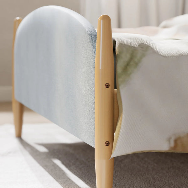 Side view detail of Boori Yarra Double Bed V25 Blueberry showing rounded spindle corner and fabric upholstery