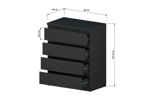 The Brenton 4 Drawer Black Tallboy is crafted with a modern design to enhance any bedroom style. The four drawers offer ample storage capacity and offer easy access. Its sleek construction pairs wonderfully with other bedroom items to create a complete, inviting look. Dimensions: Height: 101.40cm | Width: 80cm | Depth: 48cm