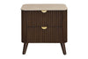 Wooden walnut coloured nightstand with two drawers on a white background with a stone top