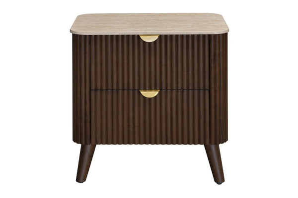 Wooden walnut coloured nightstand with two drawers on a white background with a stone top