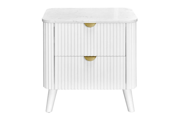 Wooden white coloured nightstand with two drawers on a white background with a stone top