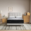 Morrison Mindfulness Mattress pictured on an upholstered bed frame in a light grey coloured fabric with buttoned headboard available to be purchased seperately