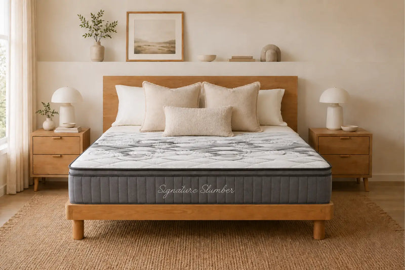 Morrison Signature Slumber mattress styled on a timber bed frame in a warm, natural-toned bedroom with linen pillows, a jute rug and matching bedside tables