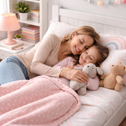 Mother lying beside her young daughter cuddling in a comfortable kids bed, helping her settle for sleep
